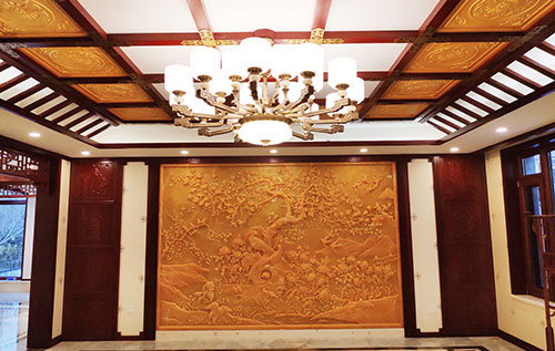 邵武中式别墅客厅中式木作横梁吊顶装饰展示